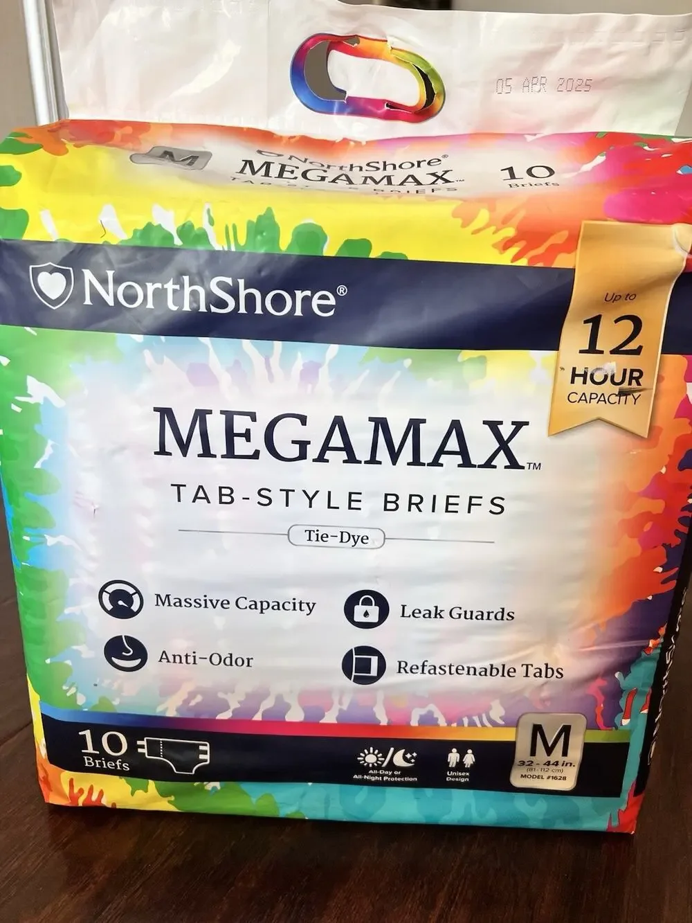 NorthShore MEGAMAX TAB-STYLE BRIEFS Tie-Dye 10 Adult Diapers Sz M 32-44in 12 Hrs